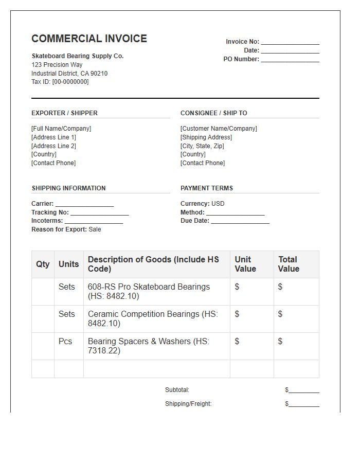 Skateboard Bearing Supply Commercial Invoice Template