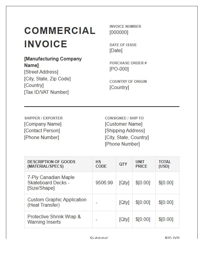 Skateboard Deck Manufacturing Commercial Invoice Template