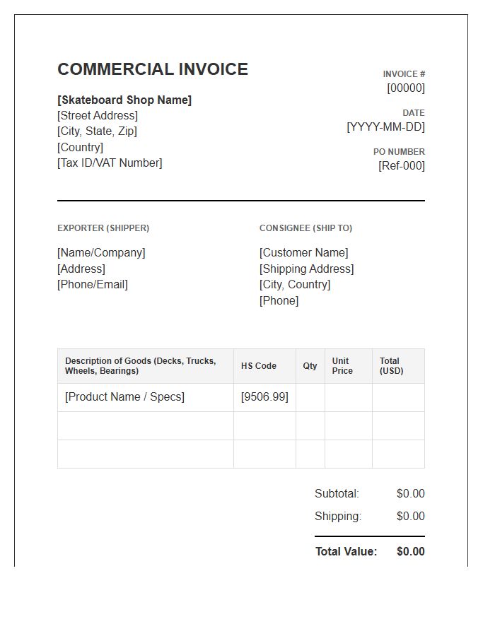 Skateboard Hardware Retailer Commercial Invoice Template