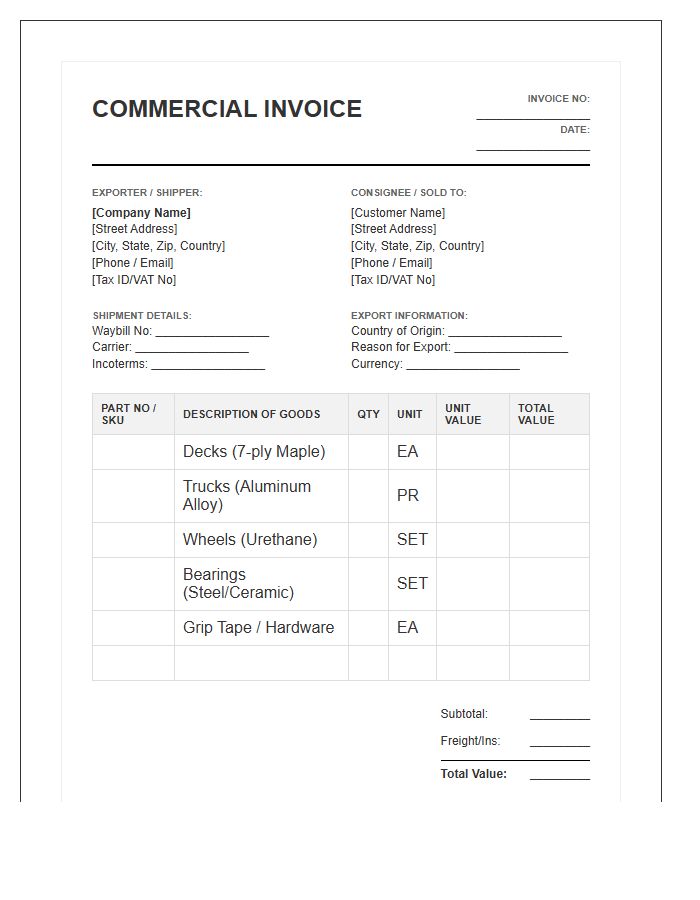 Skateboard Parts Supplier Commercial Invoice Template