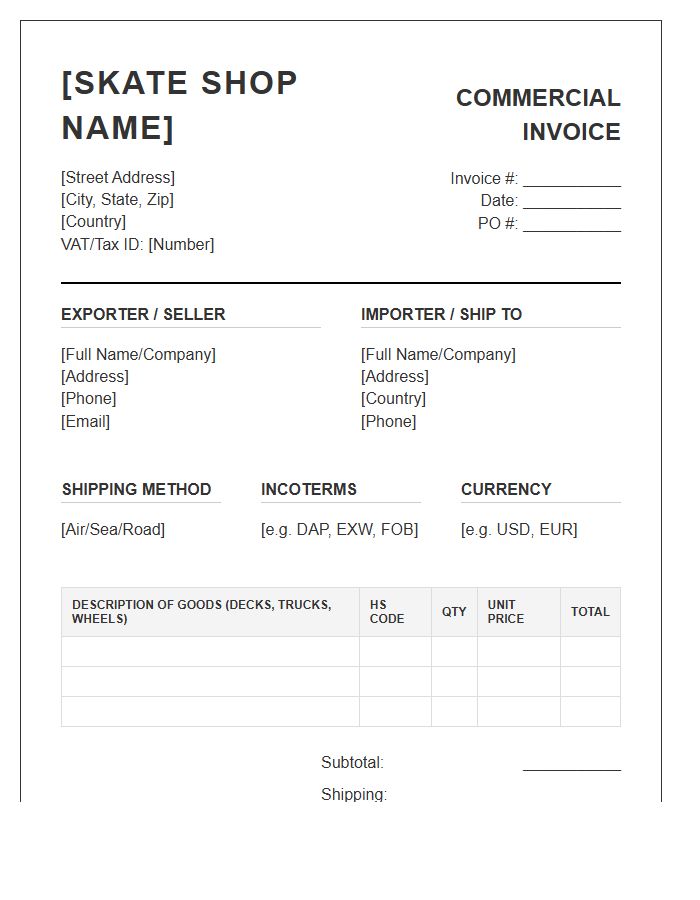 Skateboard Shop Commercial Invoice Template