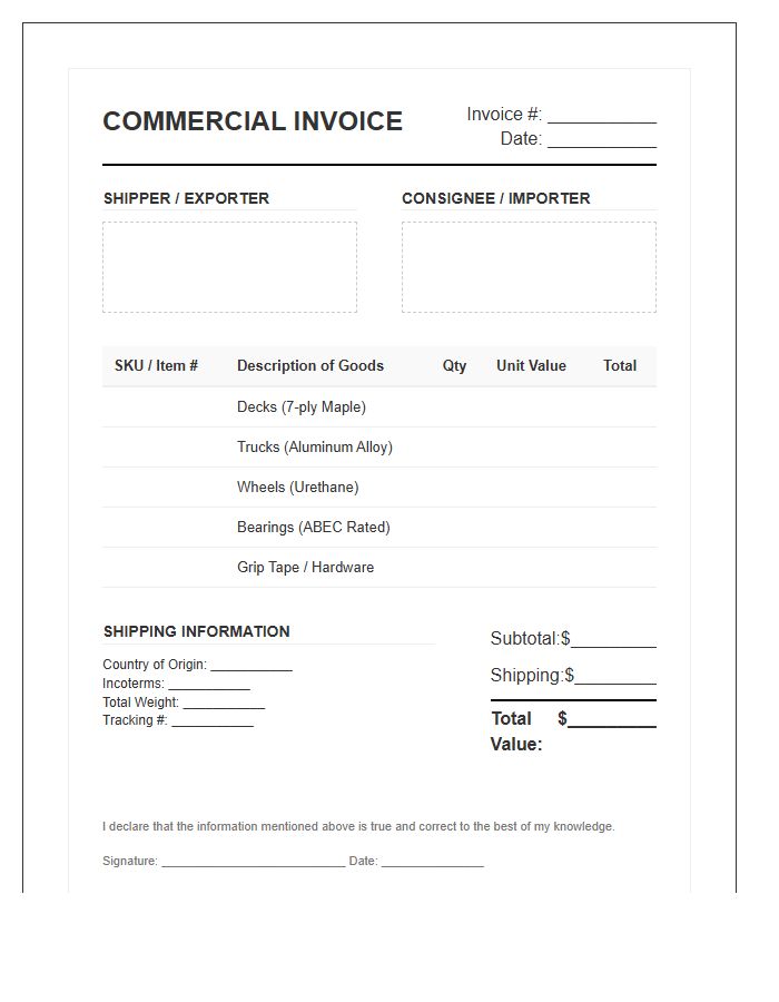 Skateboard Shop Inventory Commercial Invoice Template