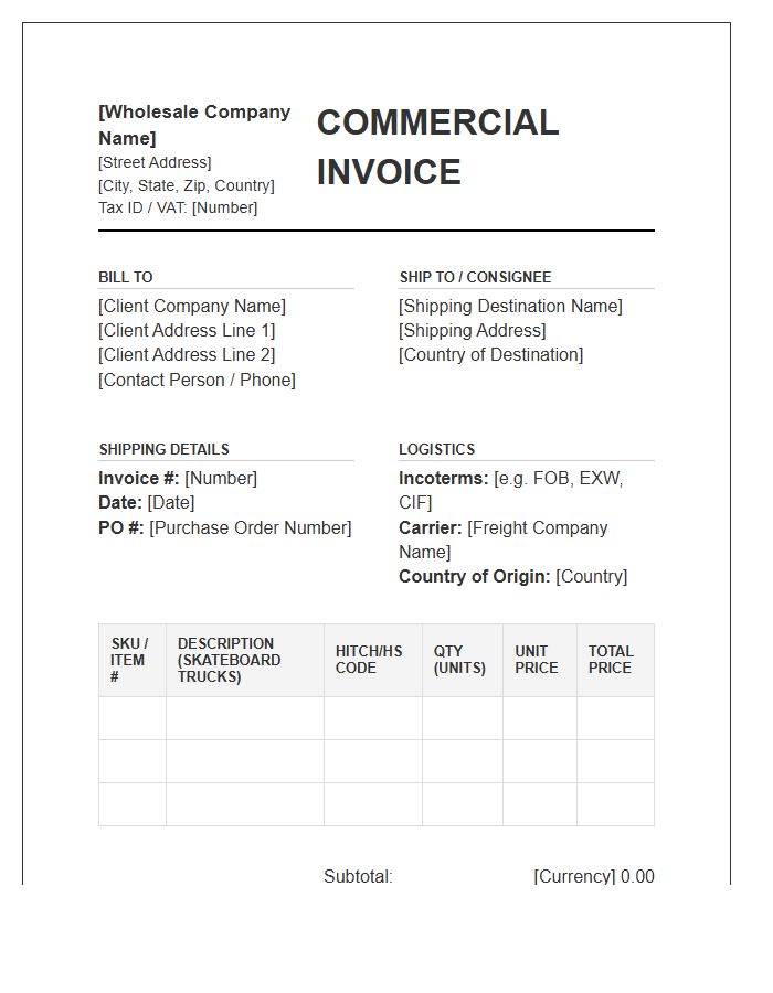 Skateboard Truck Wholesale Commercial Invoice Template