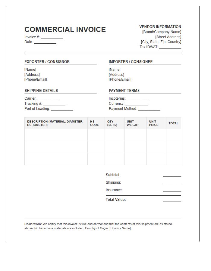 Skateboard Wheel Vendor Commercial Invoice Template