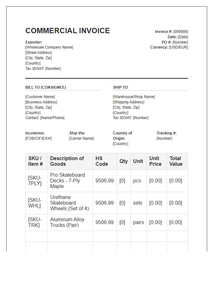 Skateboard Wholesale Distribution Commercial Invoice Template