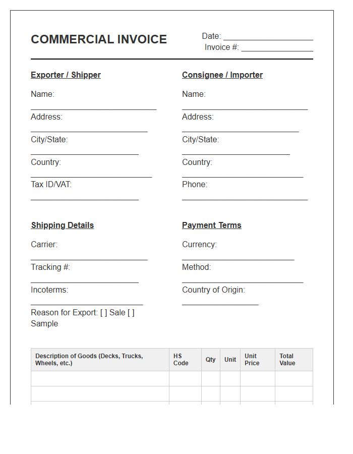 Skateboarding Accessories Commercial Invoice Template