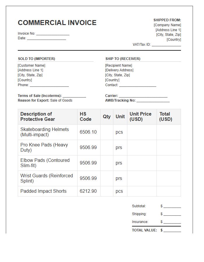 Skateboarding Protective Gear Commercial Invoice Template
