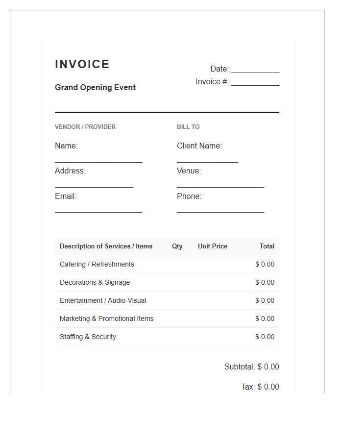 Grand Opening Event Invoice Template
