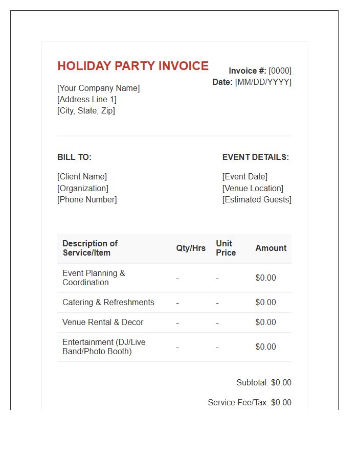 Holiday Party Management Invoice Template