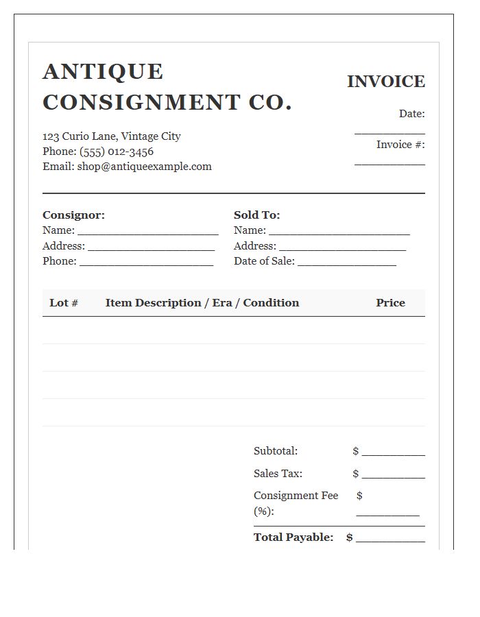 Antique Consignment Business Invoice Template
