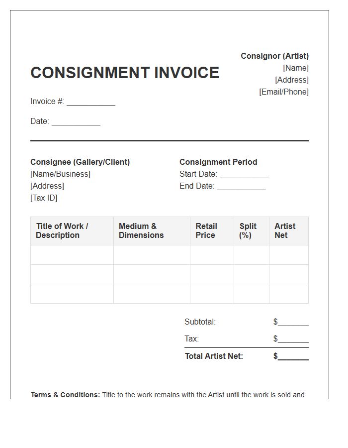 Artist Consignment Agreement Invoice Template