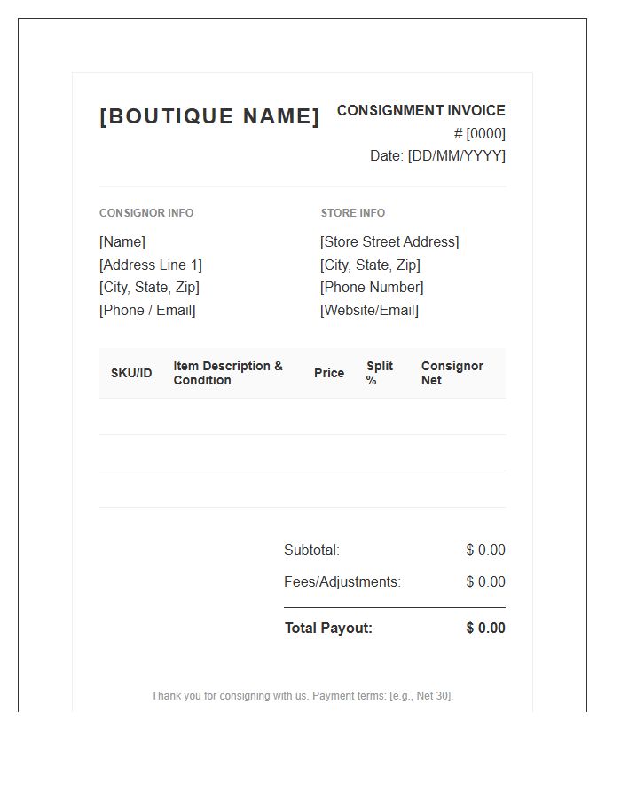 Boutique Consignment Order Invoice Template