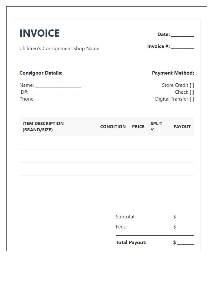 Childrens Clothing Consignment Invoice Template