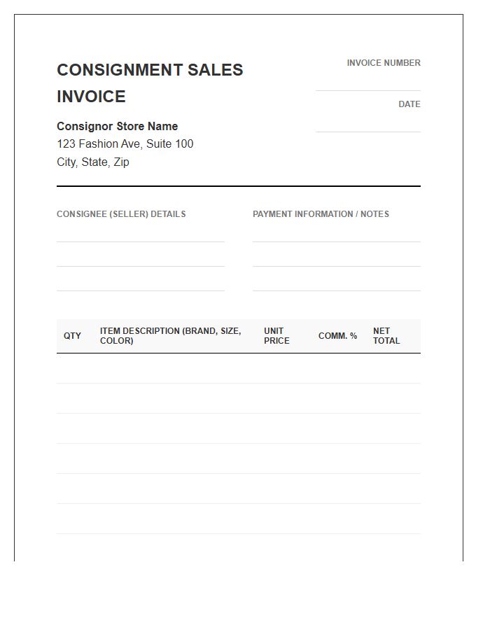 Clothing Consignment Sales Invoice Template
