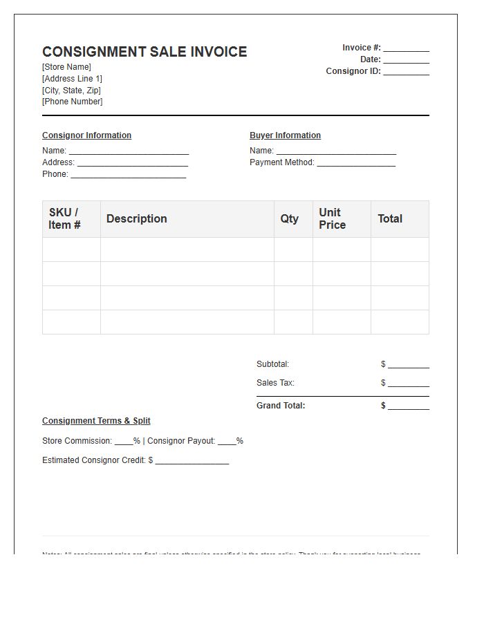 Consignment Store Sale Invoice Template