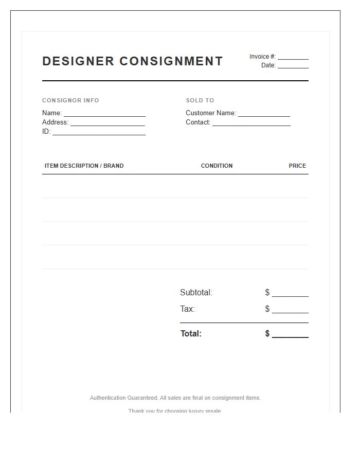 Designer Consignment Sale Invoice Template