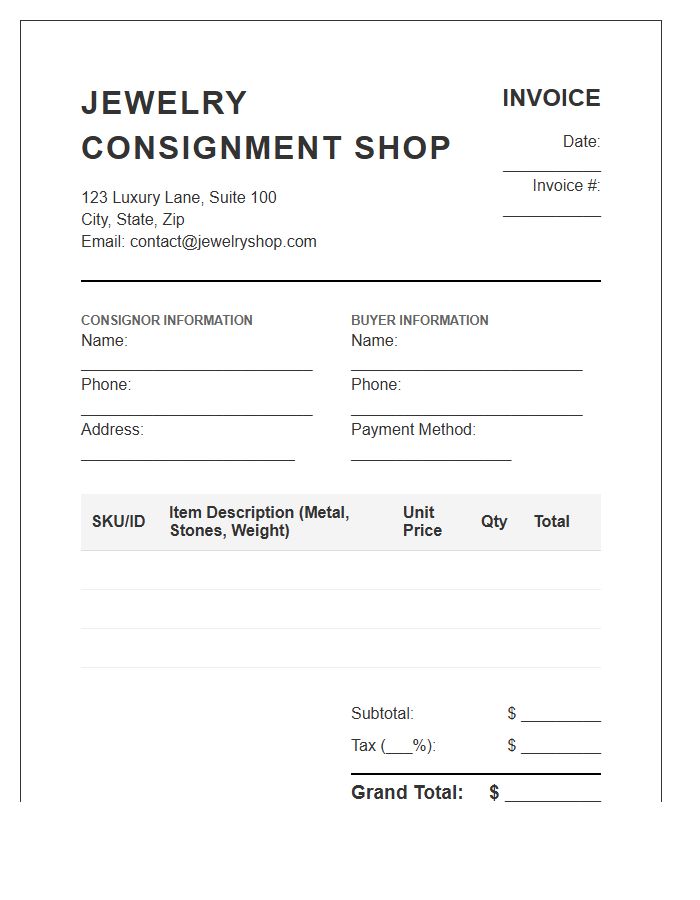 Jewelry Consignment Shop Invoice Template