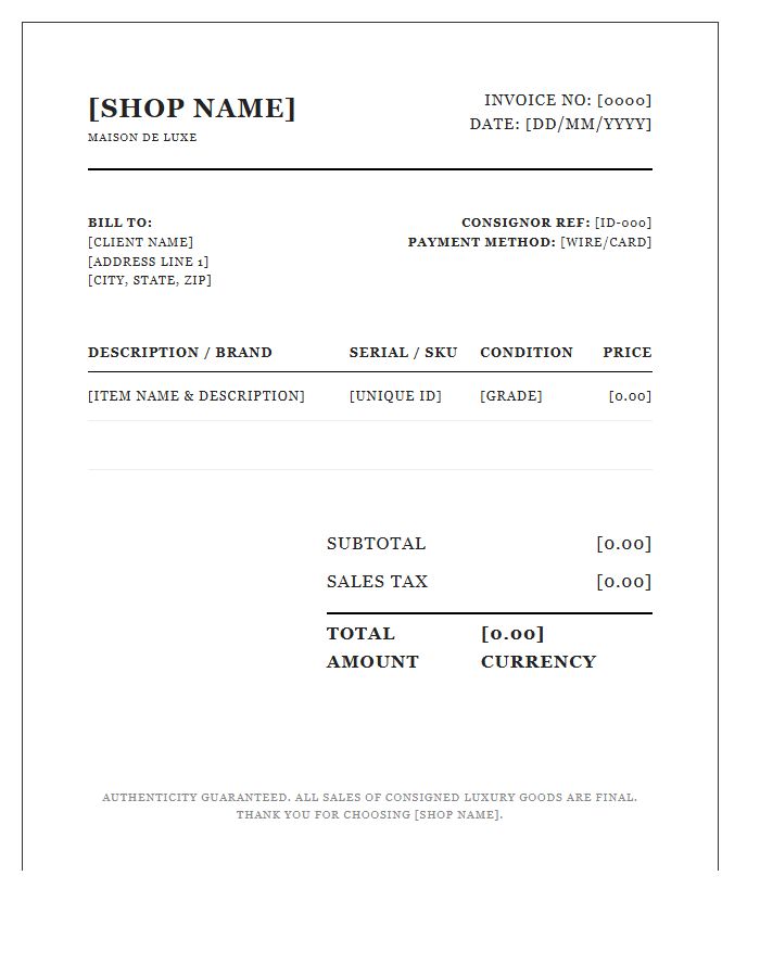 Luxury Consignment Shop Invoice Template