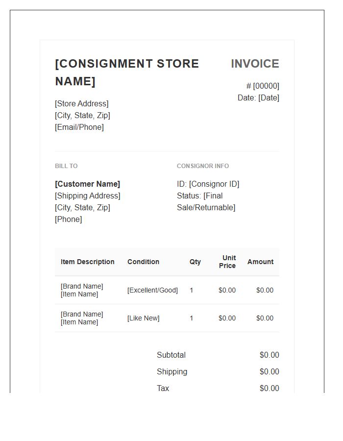 Online Consignment Store Invoice Template