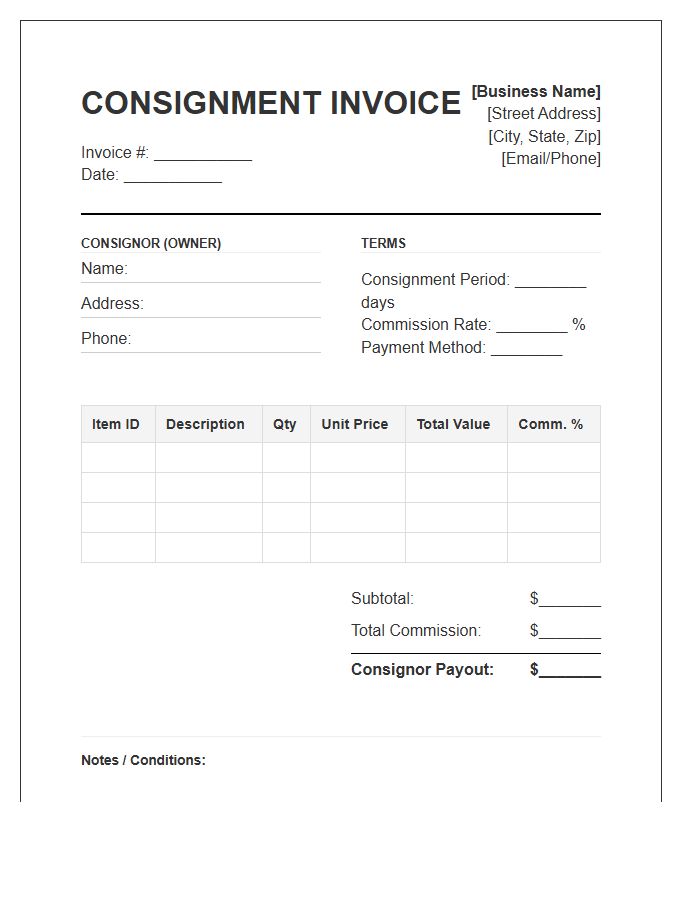 Small Business Consignment Invoice Template