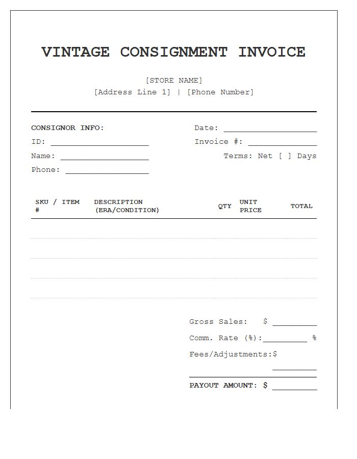 Vintage Consignment Sale Invoice Template