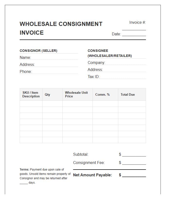 Wholesale Consignment Sale Invoice Template