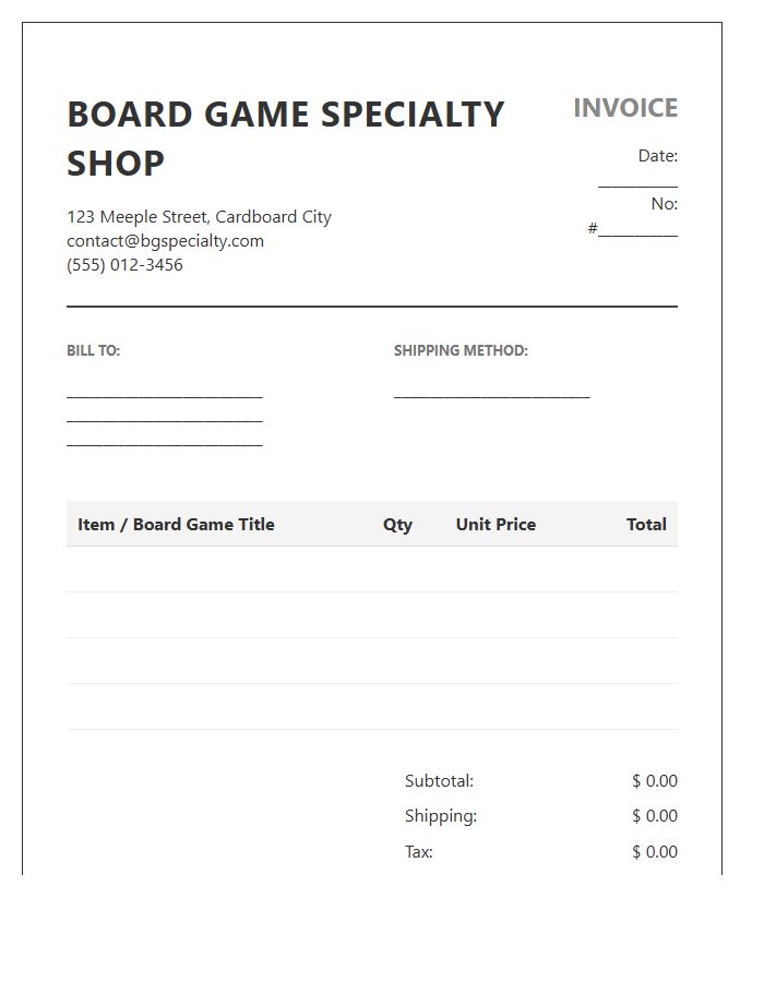 Board Game Specialty Shop Invoice Template