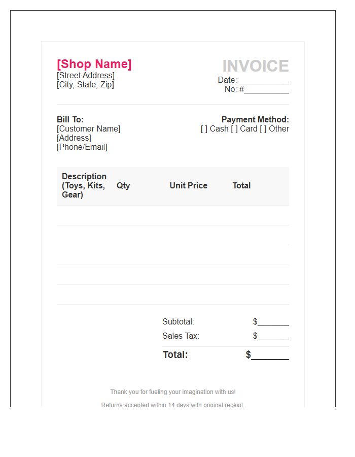 Childrens Hobby Shop Invoice Template