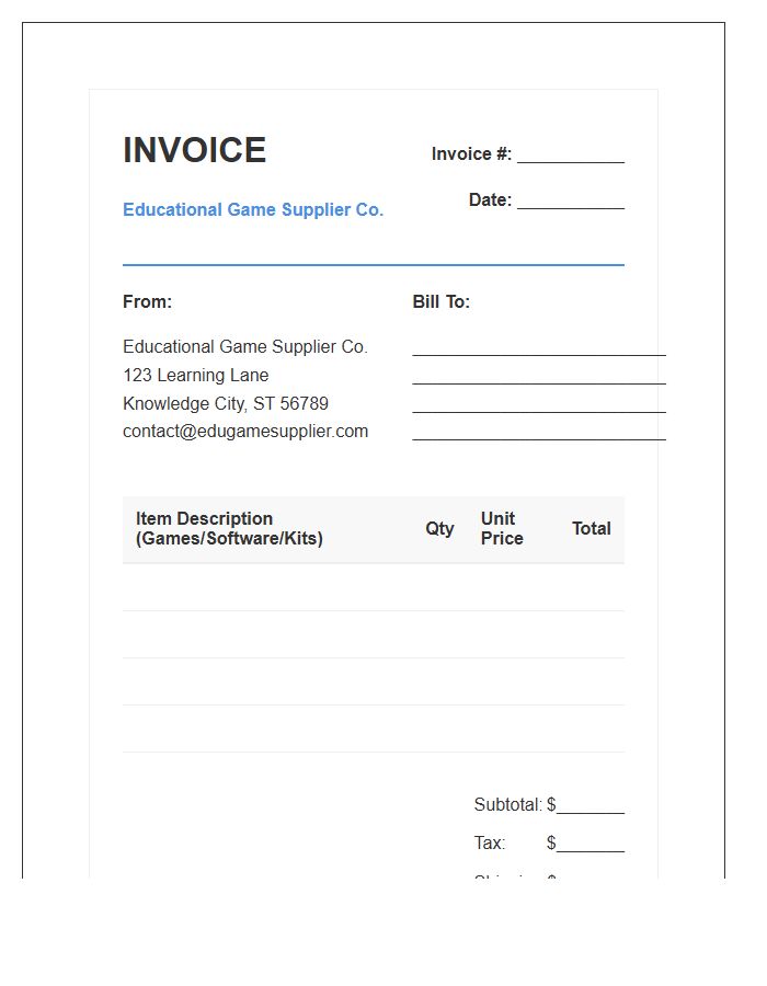 Educational Game Supplier Invoice Template