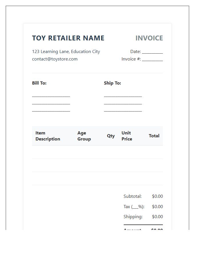 Educational Toy Retailer Billing Invoice Template