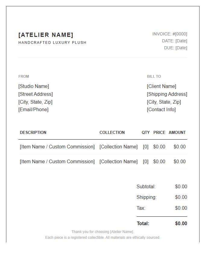 High End Plush Toy Invoice Template