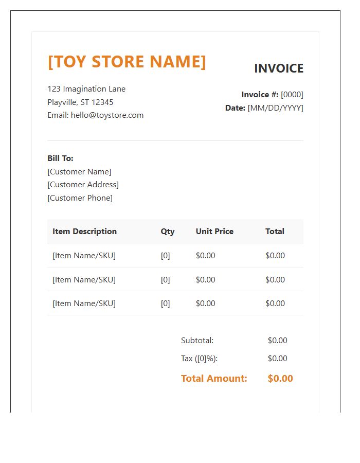 Independent Toy Store Business Invoice Template