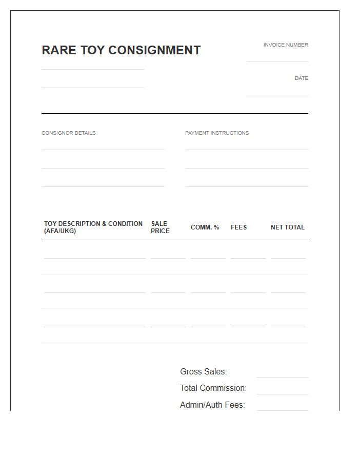 Rare Toy Consignment Invoice Template