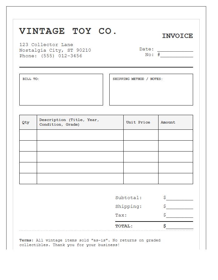 Vintage Toy Dealer Invoice Template