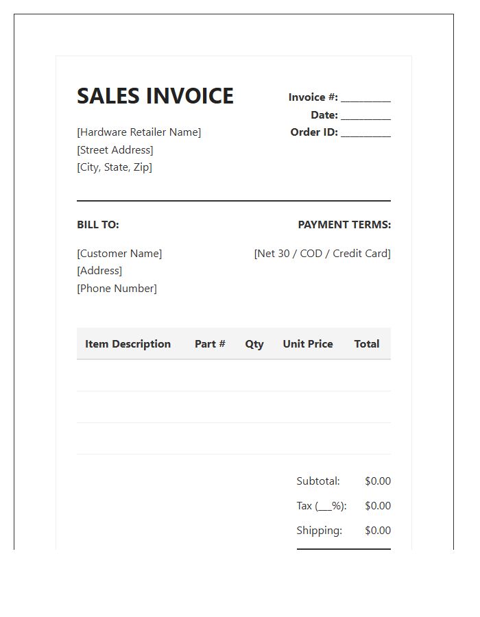 Computer Hardware Retailer Sales Invoice Template