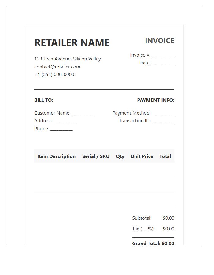 Consumer Electronics Retailer Bill Invoice Template
