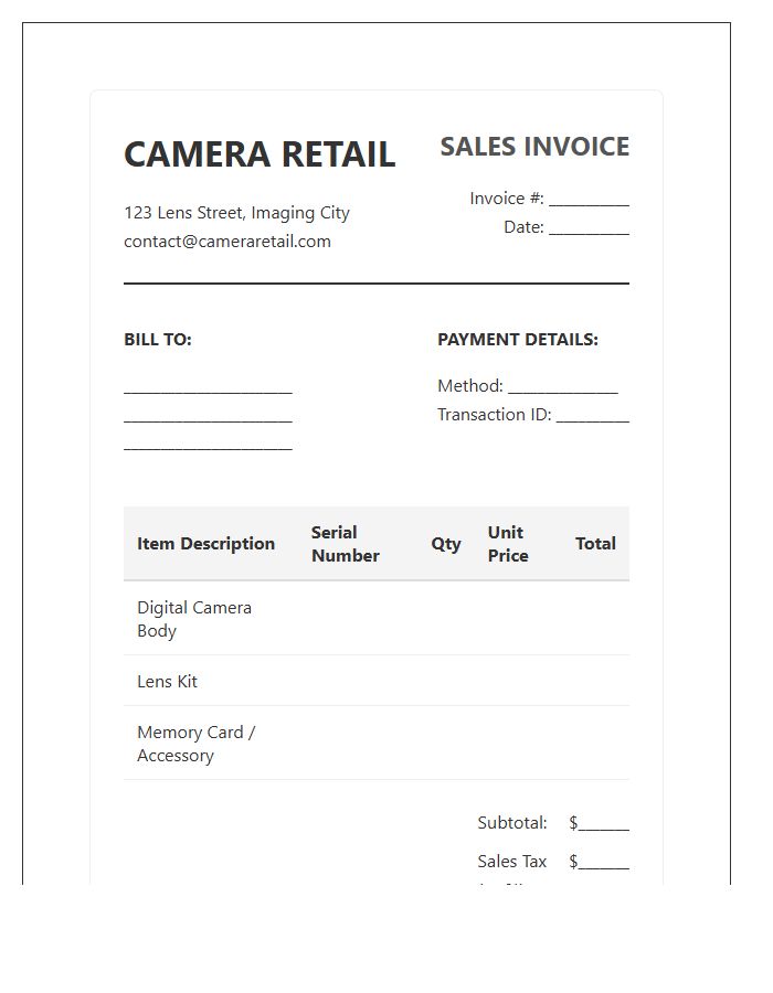 Digital Camera Retail Sales Invoice Template