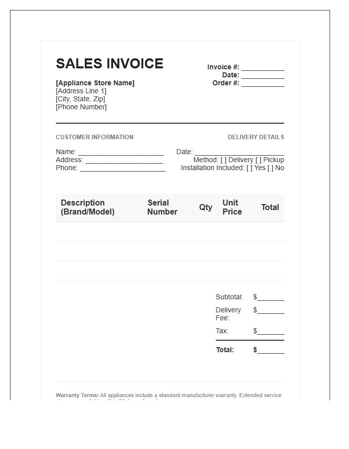 Home Appliance Retailer Sales Invoice Template