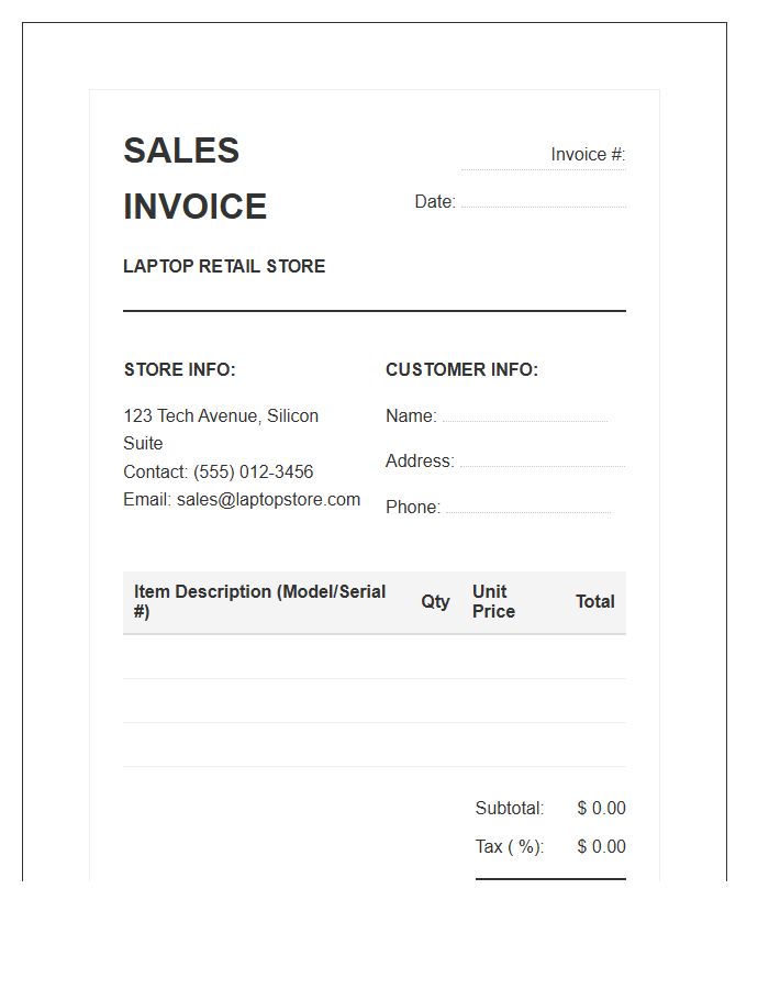 Laptop Retail Store Sales Invoice Template
