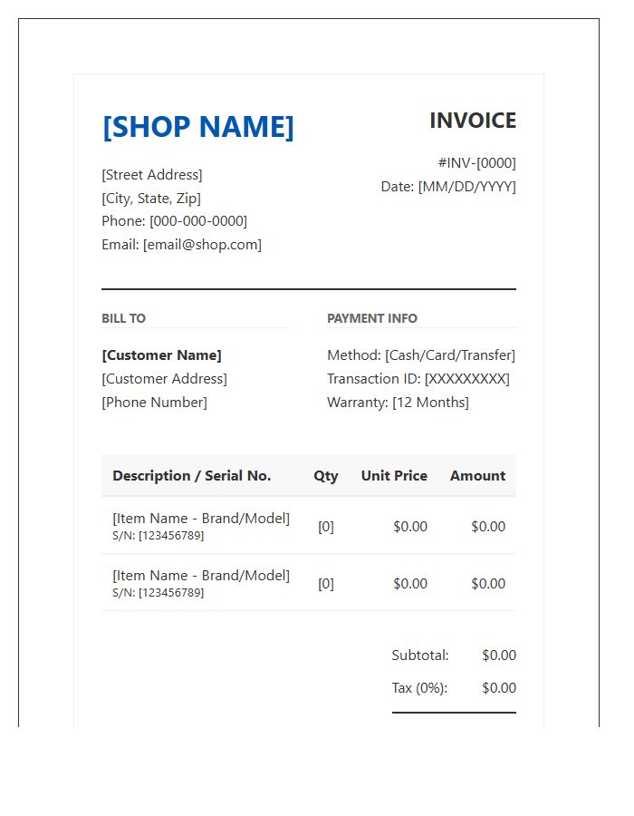 Professional Electronic Shop Sales Invoice Template