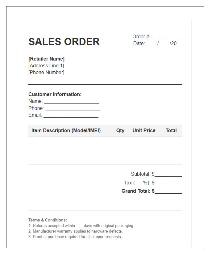 Smartphone Retailer Sales Order Invoice Template