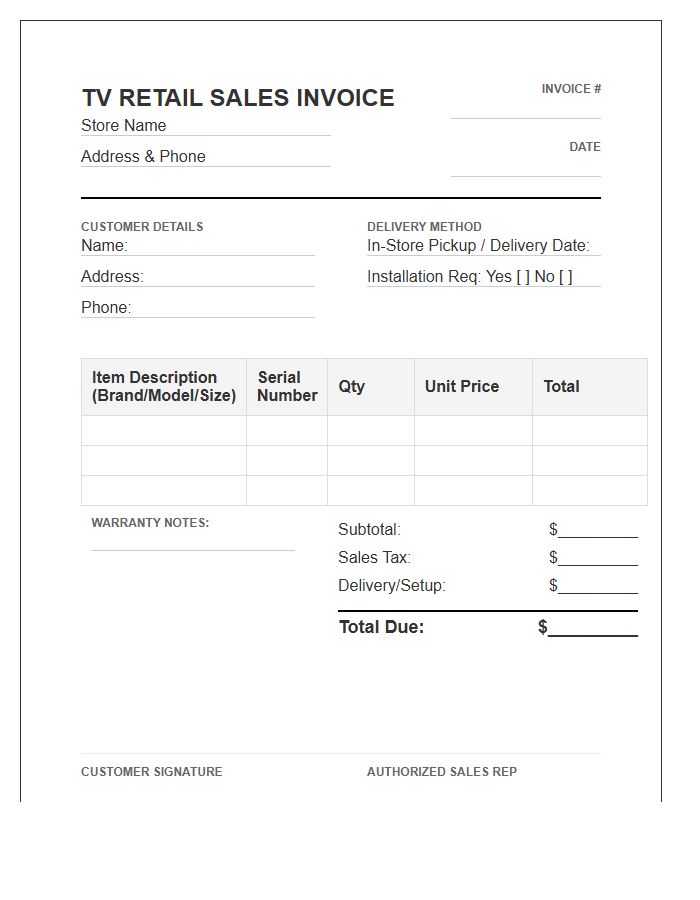 Television Retail Store Sales Invoice Template