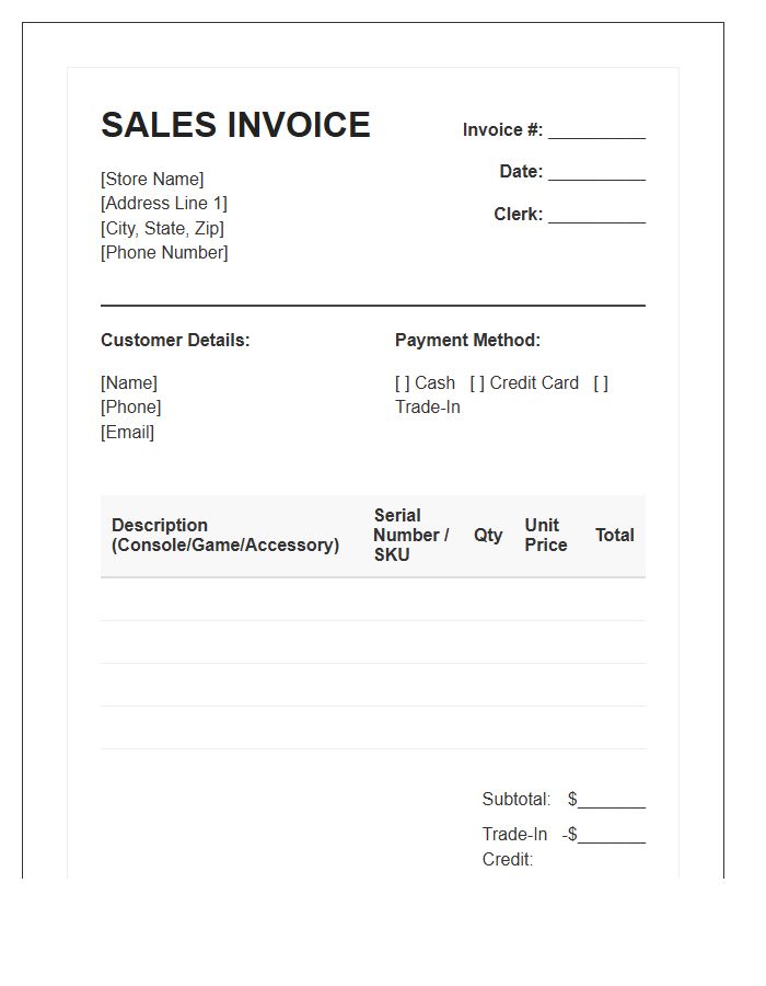 Video Game Console Retailer Sales Invoice Template