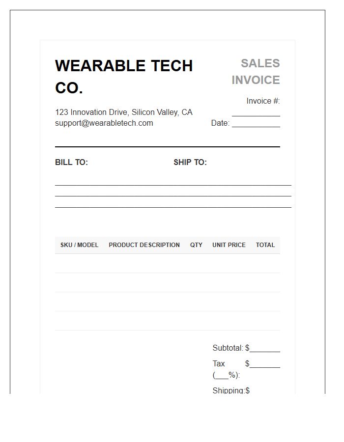 Wearable Technology Retailer Sales Invoice Template