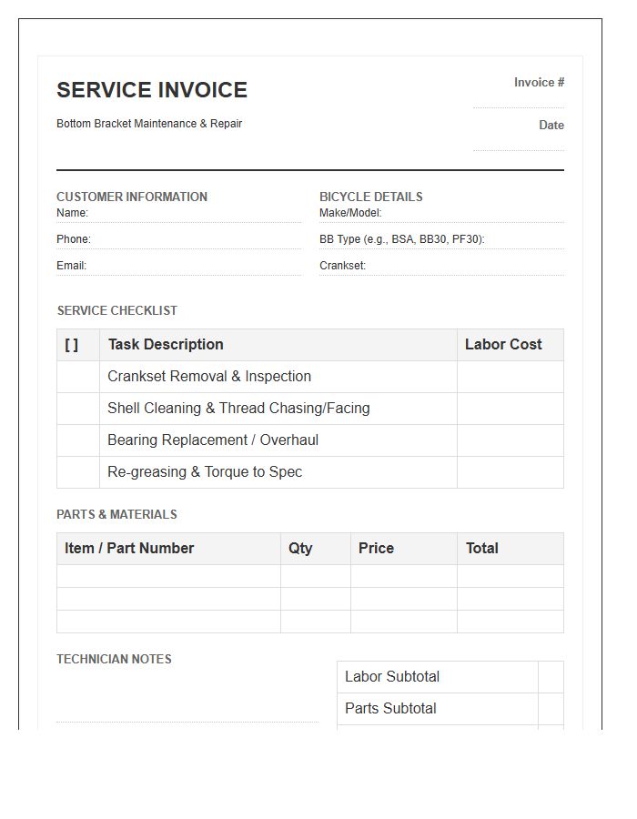 Bicycle Bottom Bracket Service Invoice Template