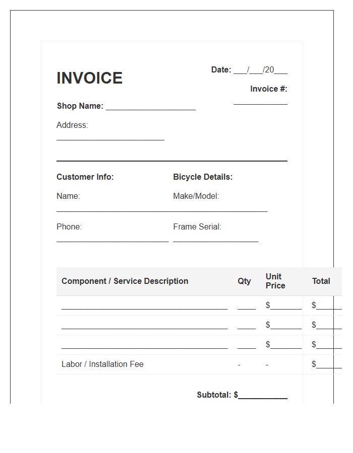 Bicycle Component Replacement Service Invoice Template