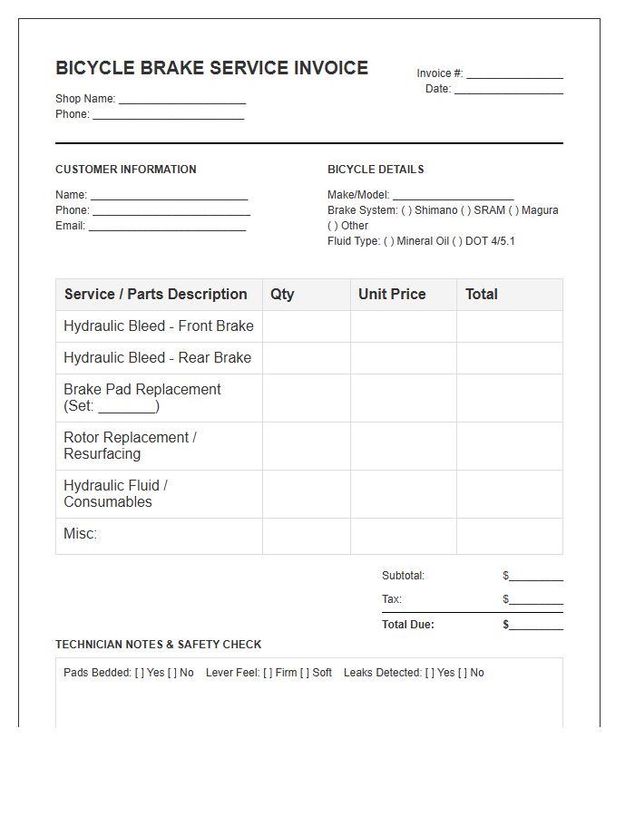 Bicycle Hydraulic Disc Brake Bleed Service Invoice Template