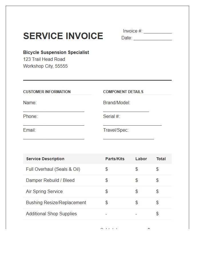 Bicycle Suspension Overhaul Service Invoice Template
