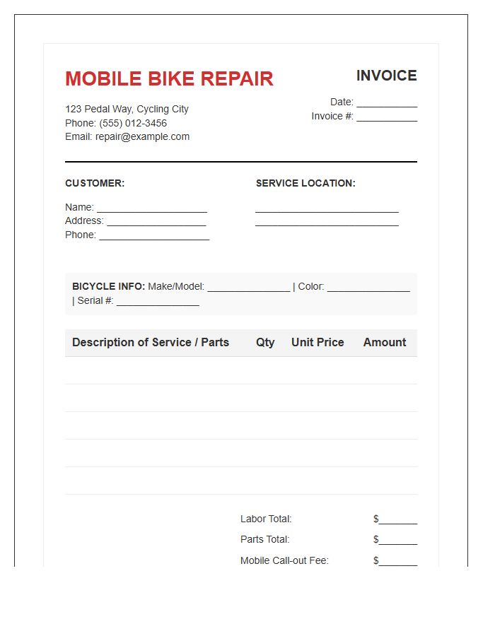 Mobile Bicycle Repair Service Invoice Template