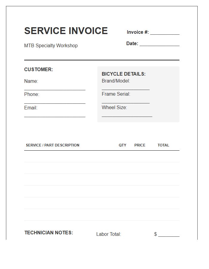 Mountain Bike Maintenance Service Invoice Template